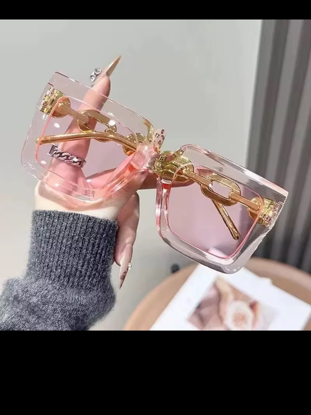 Pink Square Chain-Accent Fashion Sunglasses